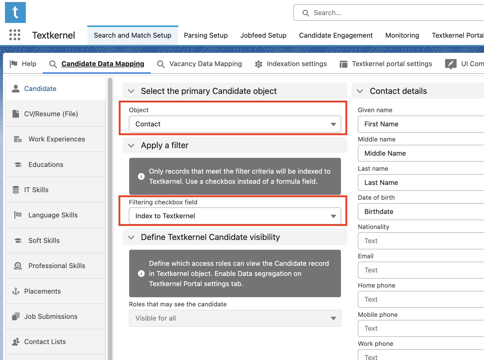 Candidate primary object and filtering checkbox field