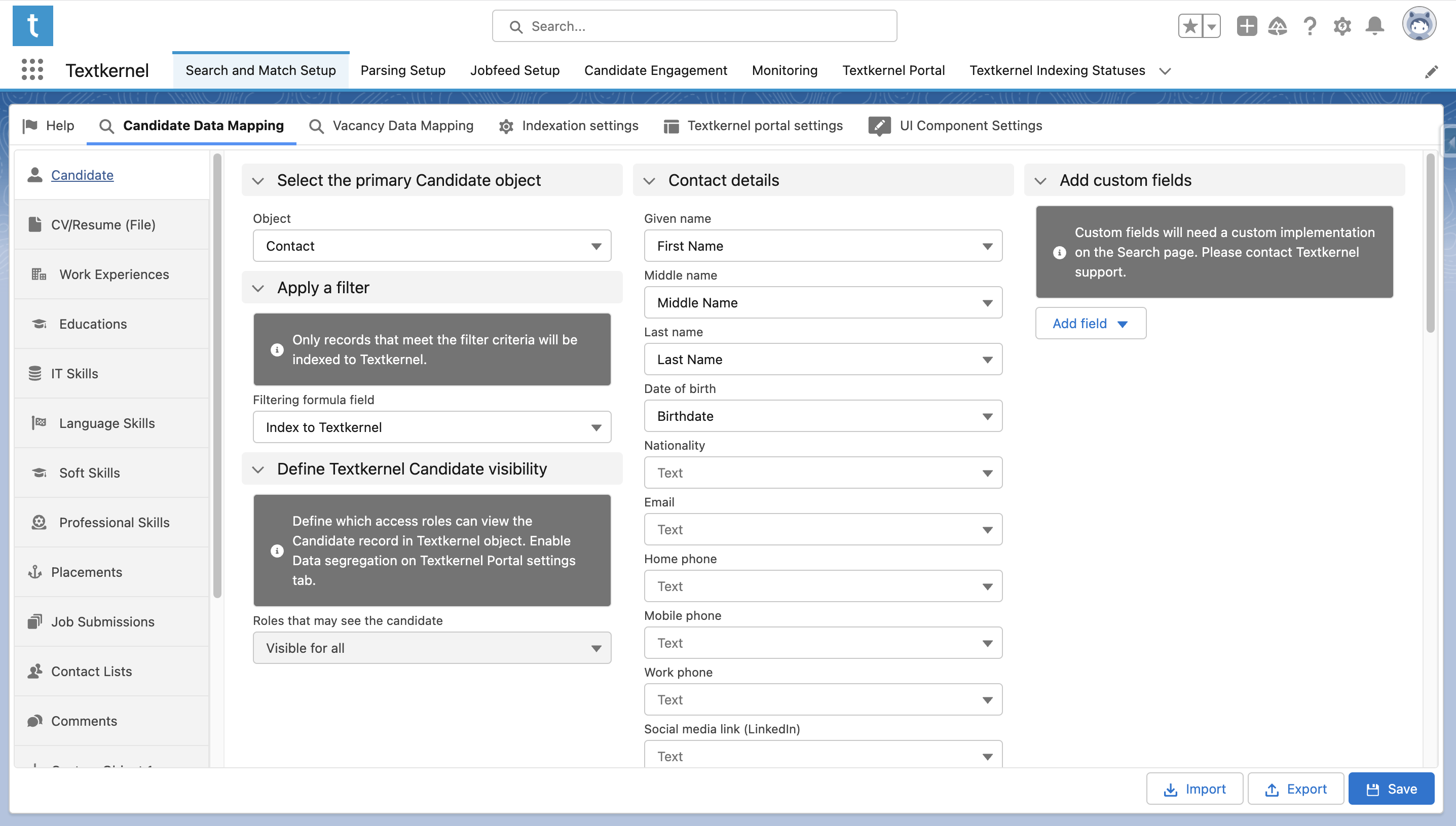 Candidate data mapping page