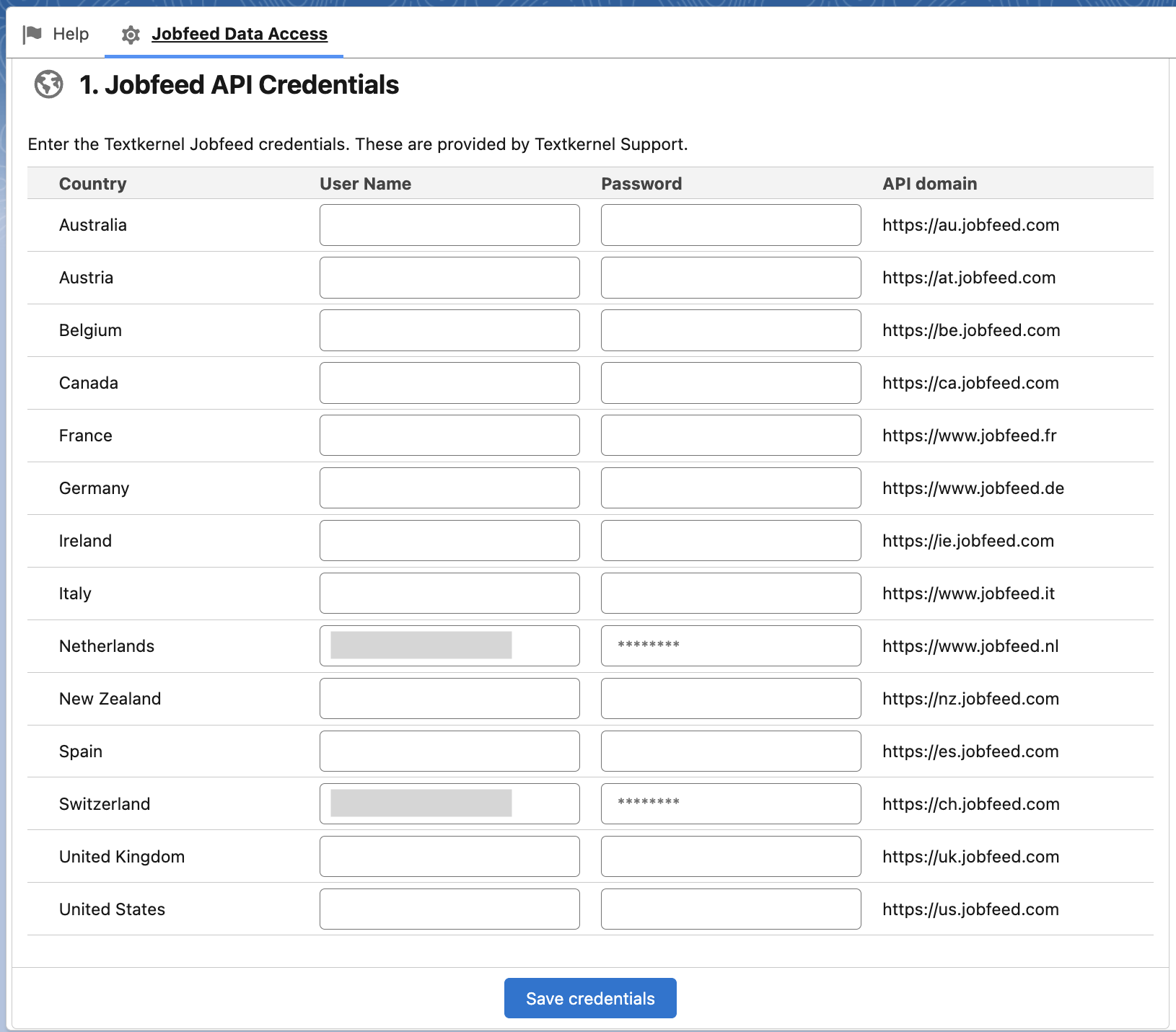 Jobfeed import credentials