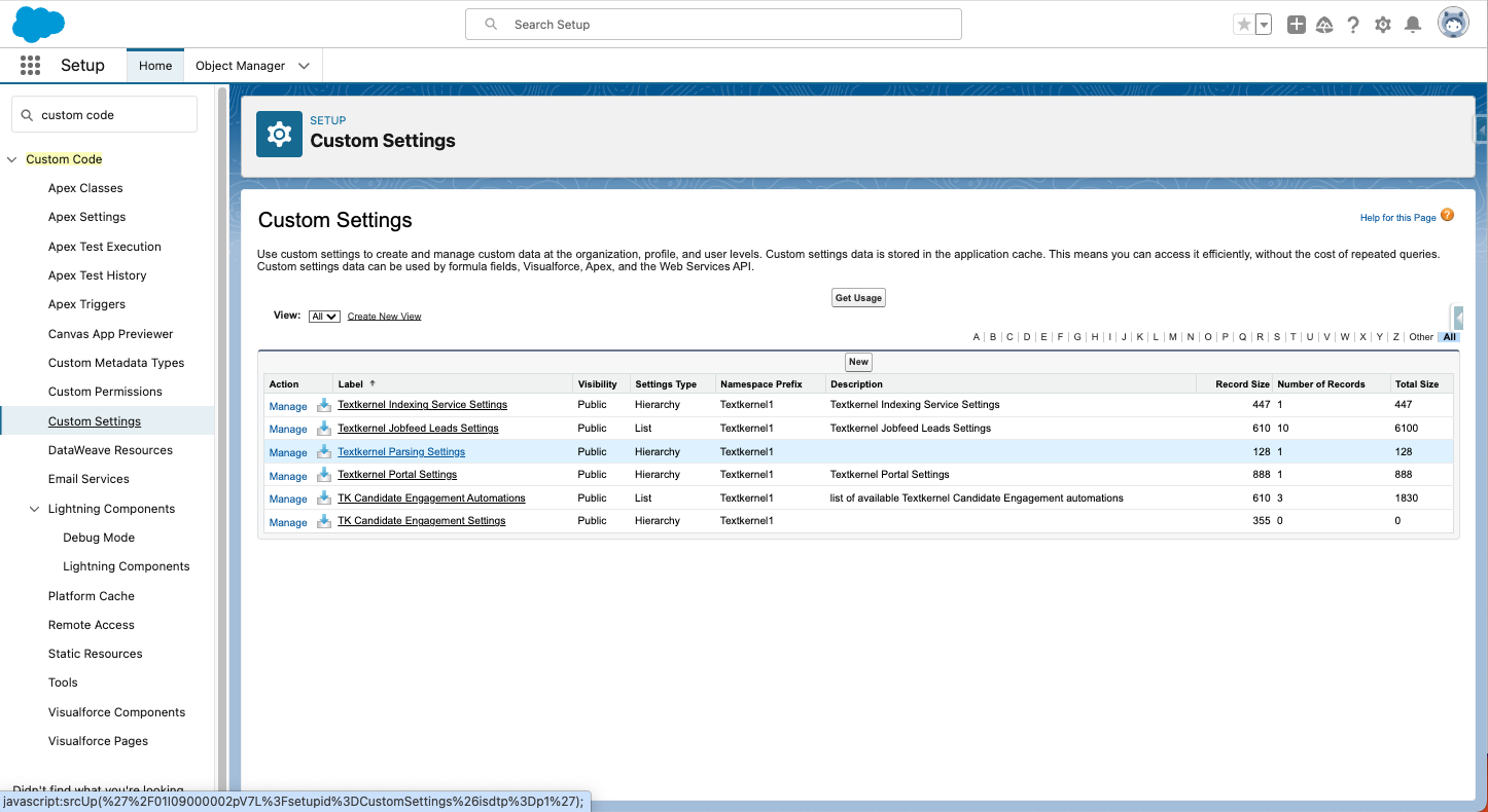 Custom Code Settings